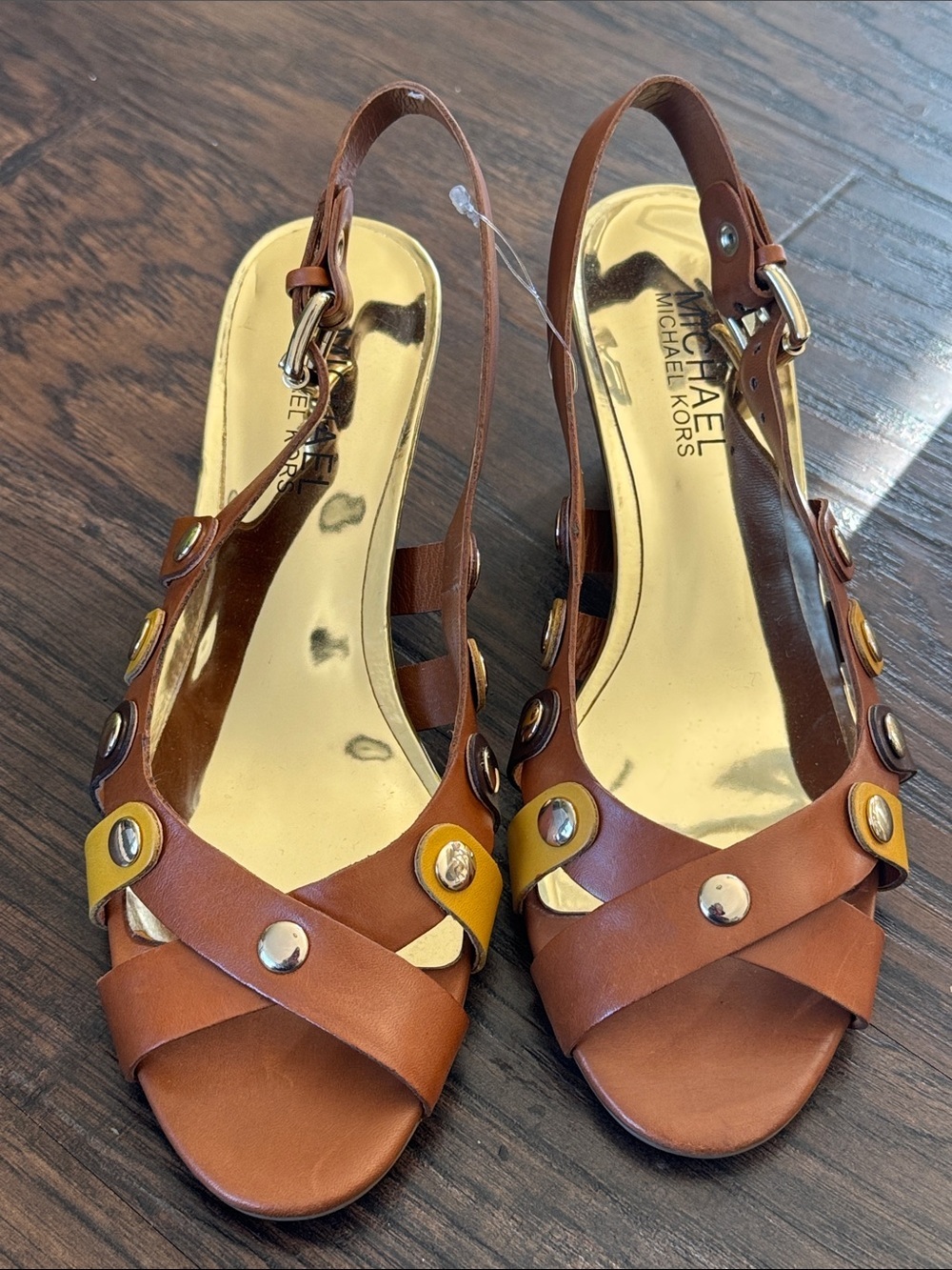 Michael Kors Brown and Yellow Stud-Accent Slingback Heels
